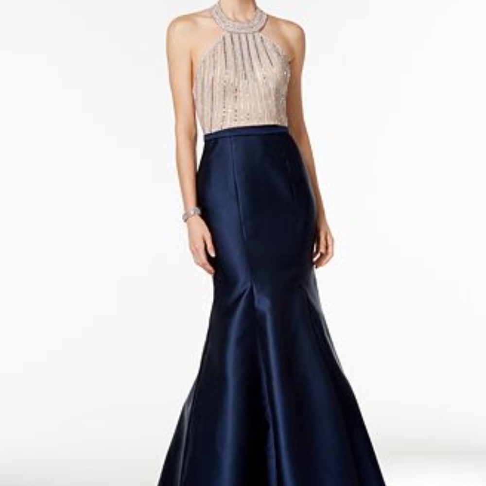 Xscape Beaded Open-Back Mermaid Halter Gown